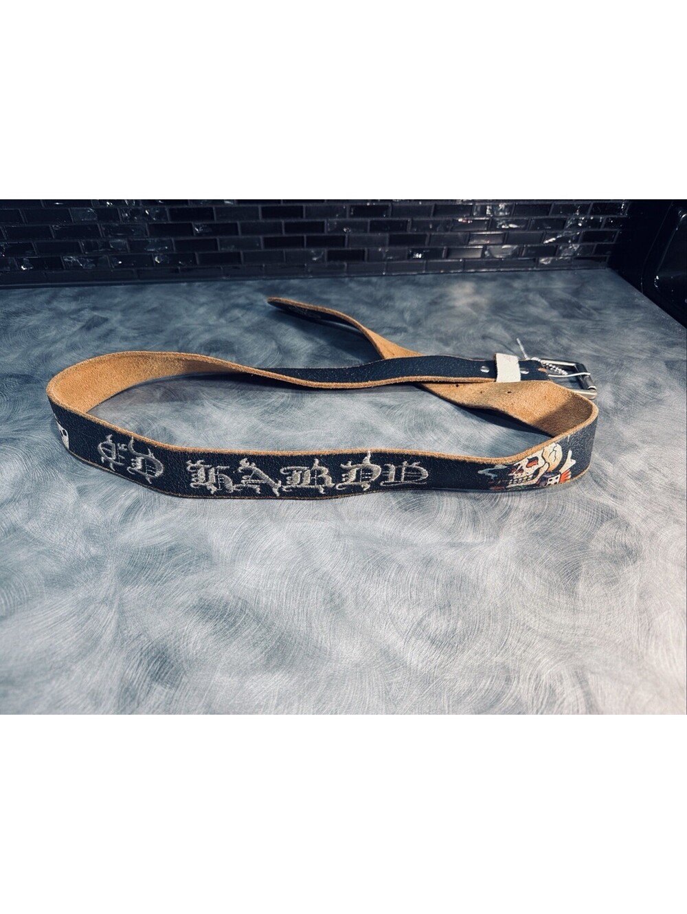 VTG Ed Hardy Leather Belt Smoking Skull Dice Y2K Tattoo Black Christian Audigier